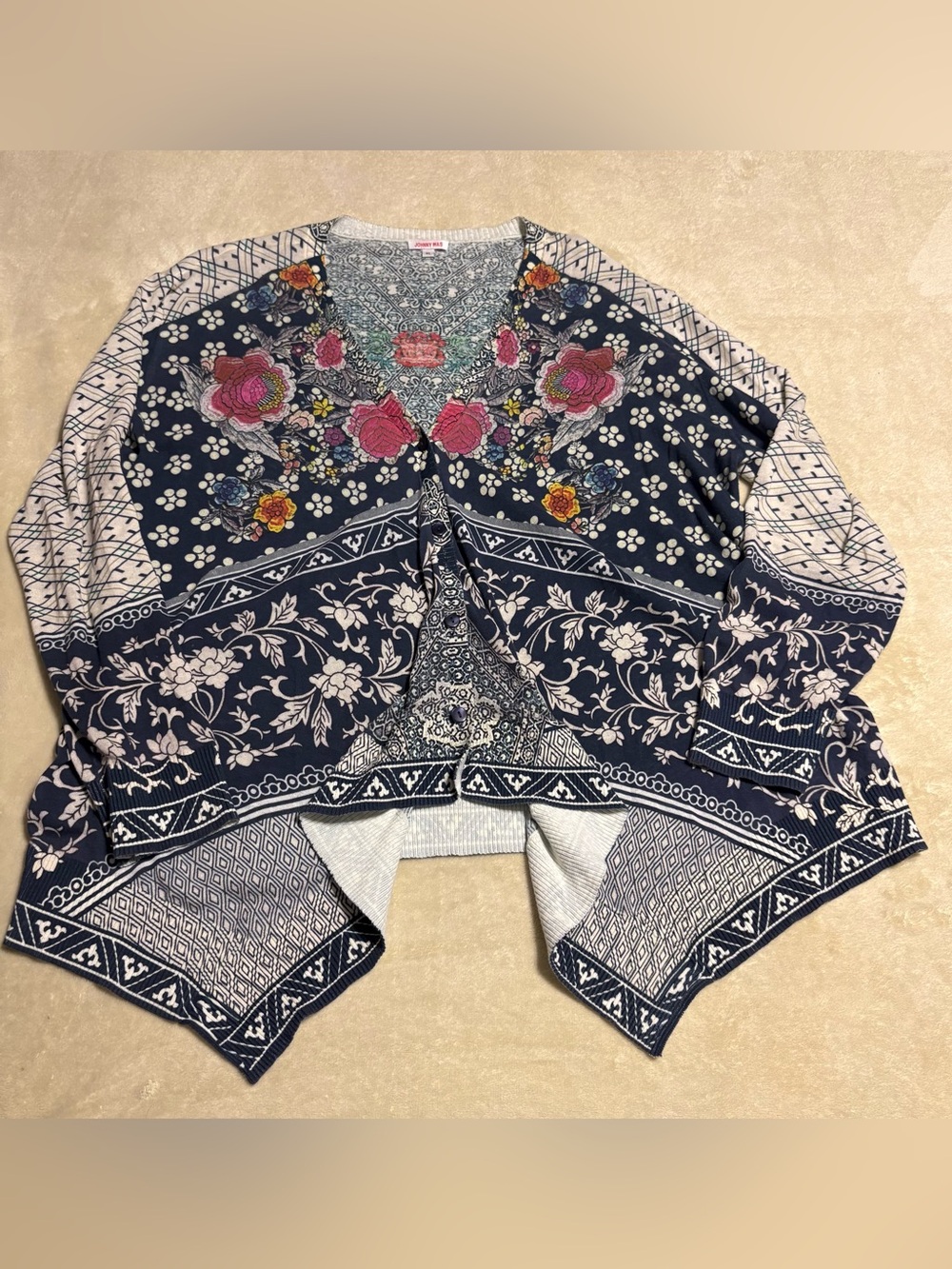 Johnny Was Navy Floral Embroidered Open Poncho Cardigan